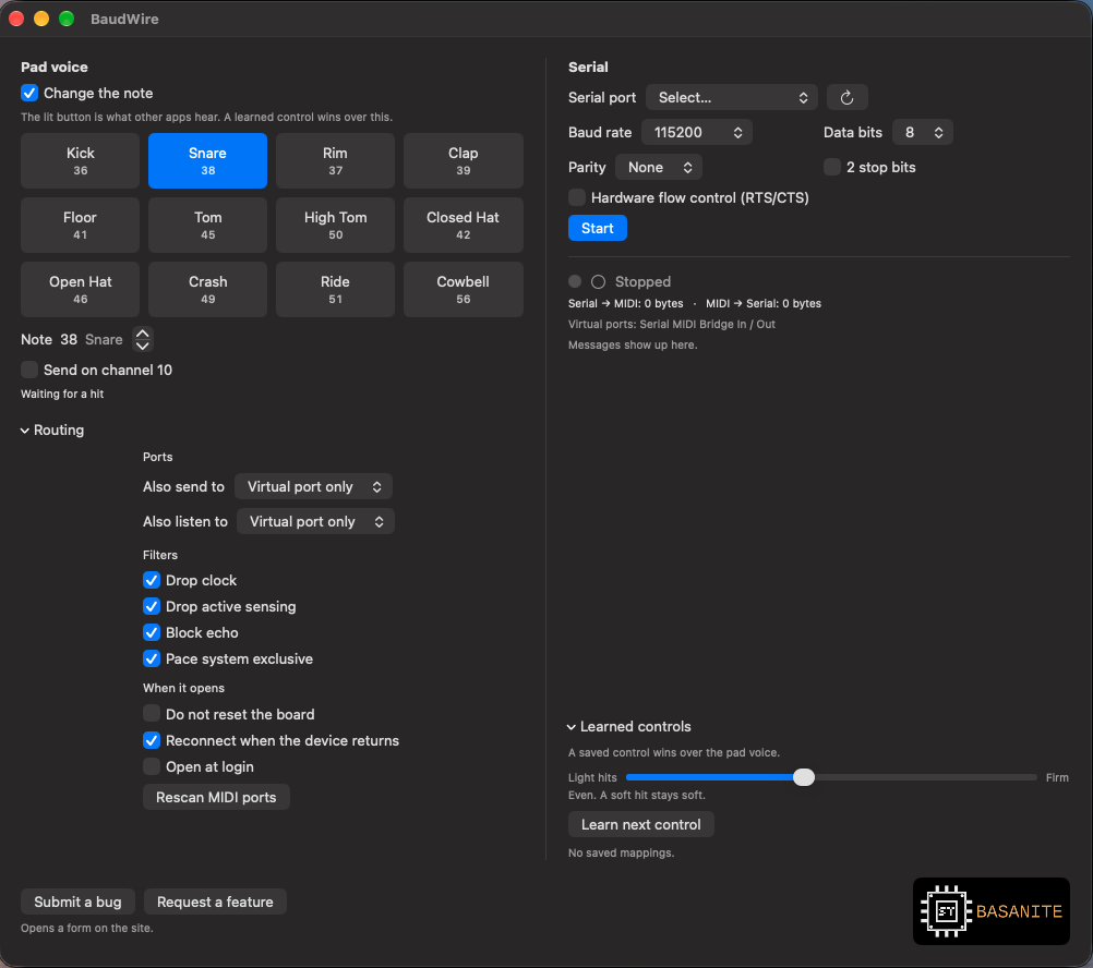BaudWire window with routing and learned controls open.
